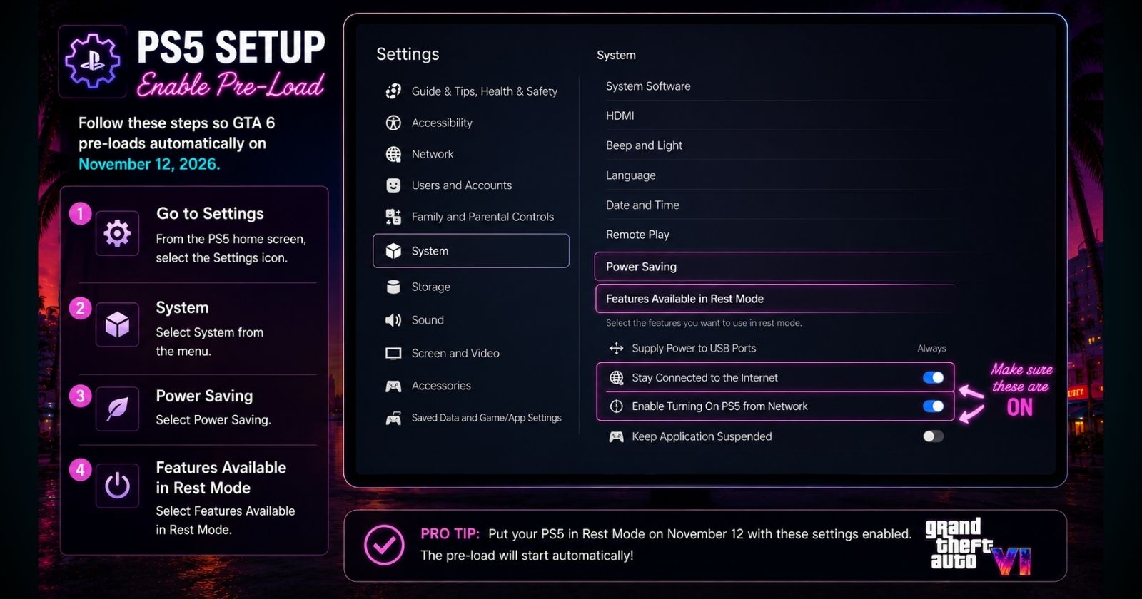 PS5 settings for GTA 6 pre-load — rest mode internet connection