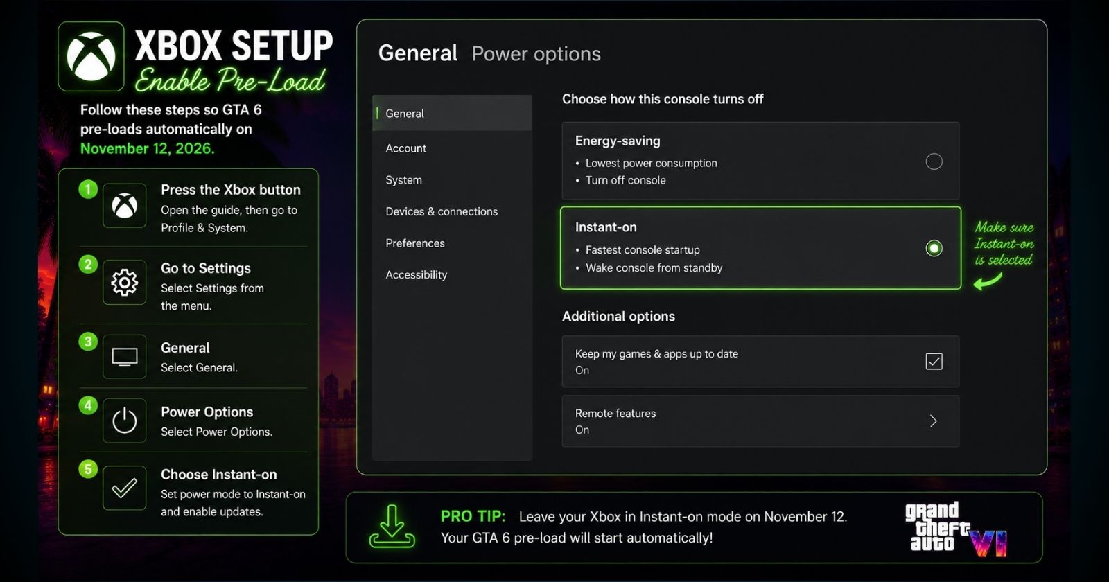 Xbox Series X settings for GTA 6 pre-load — instant-on mode