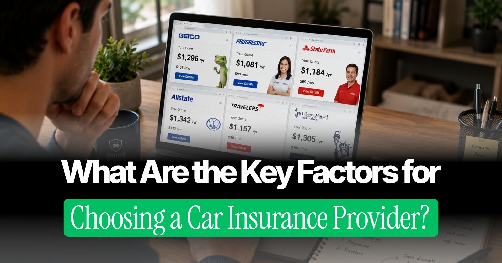 key factors for choosing a car insurance provider 2026 — driver comparing quotes on laptop